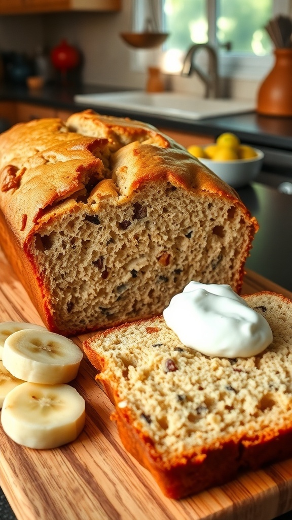 A loaf of moist banana bread sliced on a cutting board with banana slices and Greek yogurt.